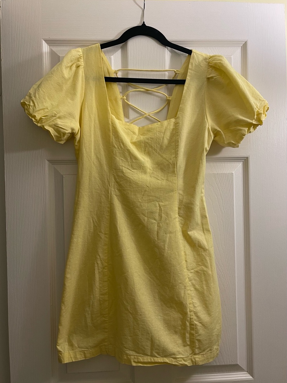 100% Cotton Sunlit Puff-Sleeve Mini Dress with Crisscross Back- size small